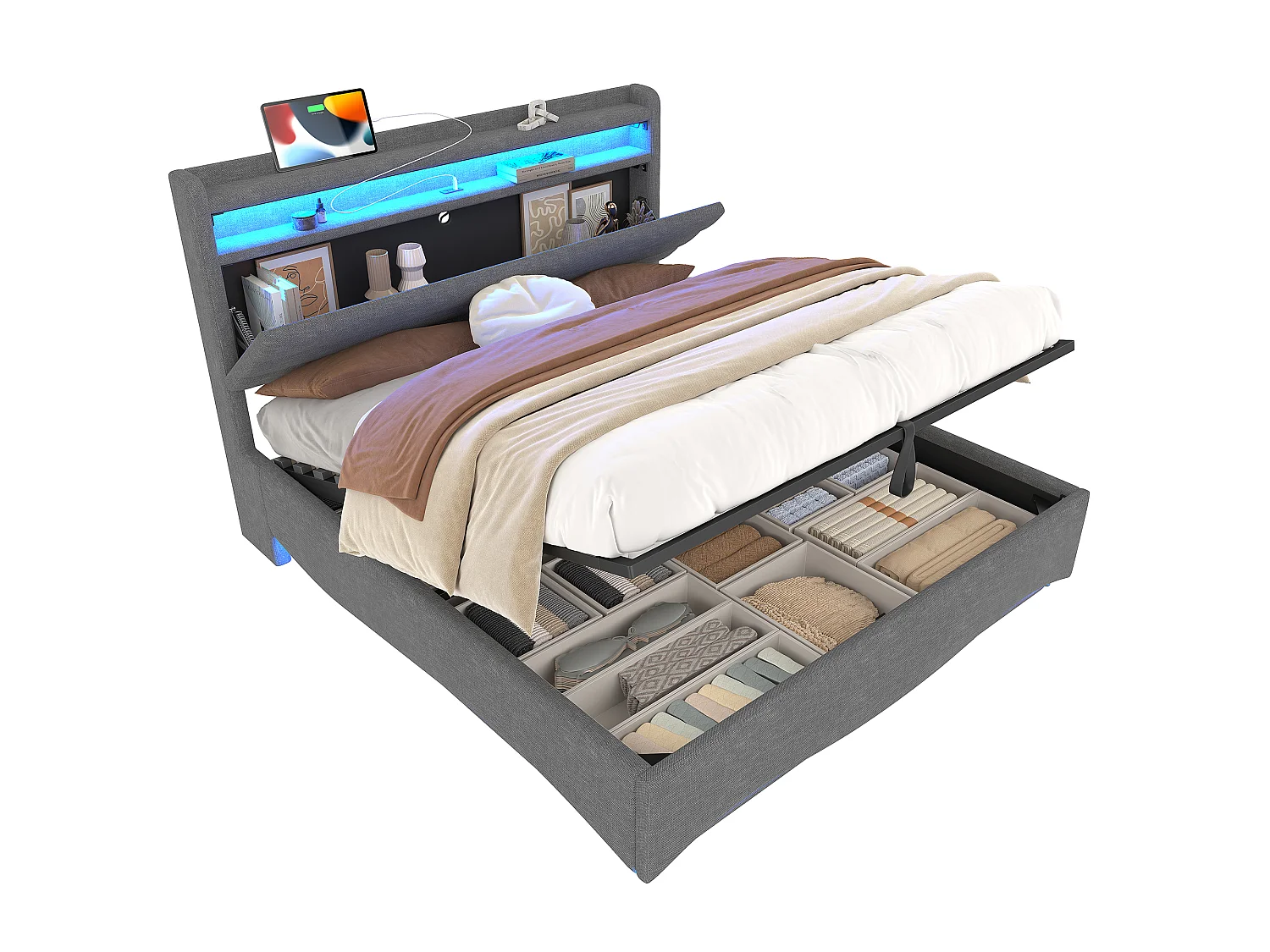 Lit coffre hydraulique pour enfant - 140 x 200 cm - avec Leds + USB + tête de lit de rangement - lin - gris