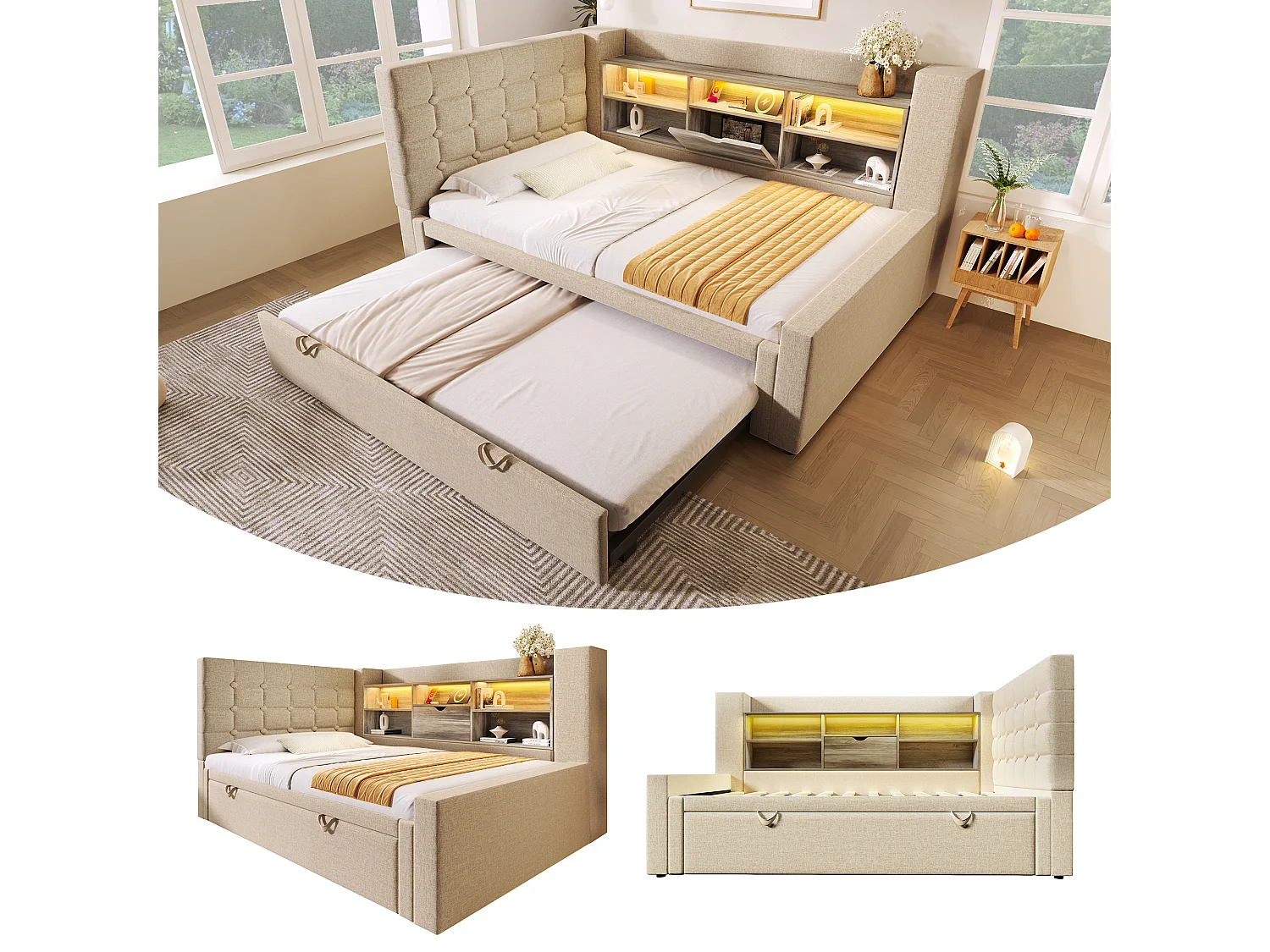 Lit rembourré 90 x 200 cm avec lit gigogne 90 x 190 cm - avec Leds + tête de lit de rangement - lin - beige