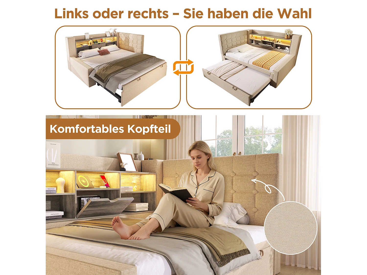 Lit rembourré 90 x 200 cm avec lit gigogne 90 x 190 cm - avec Leds + tête de lit de rangement - lin - beige