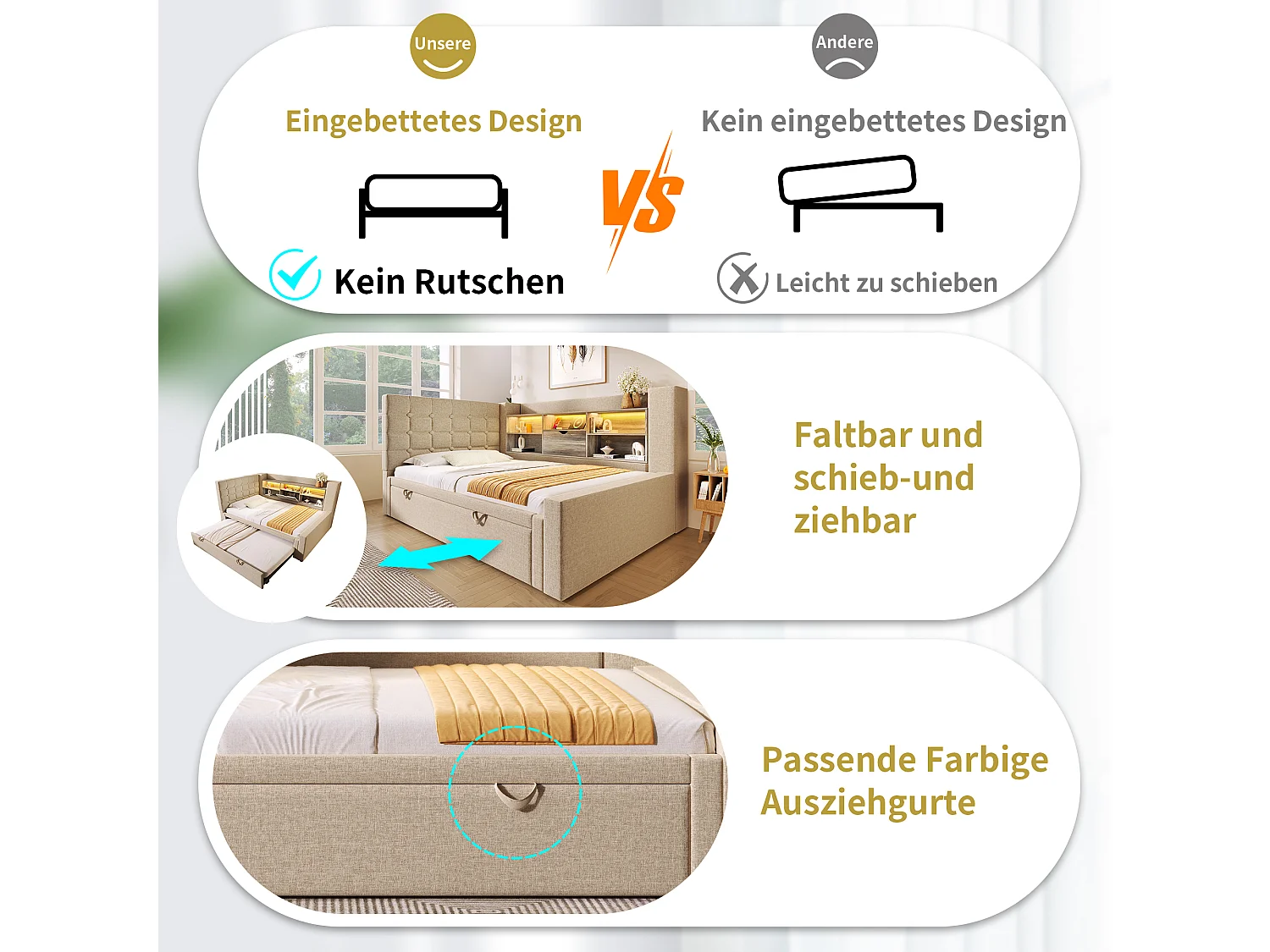 Lit rembourré 90 x 200 cm avec lit gigogne 90 x 190 cm - avec Leds + tête de lit de rangement - lin - beige