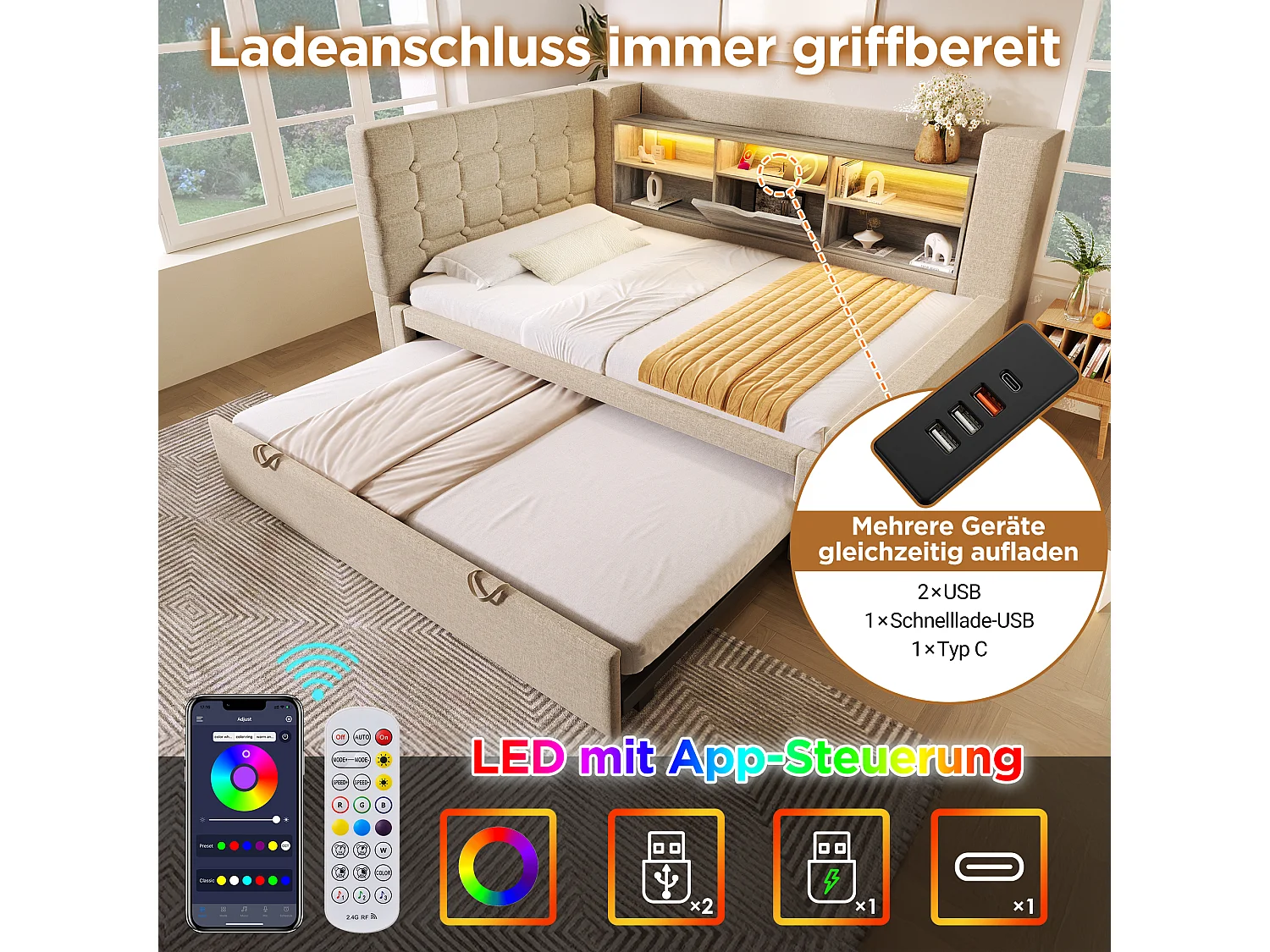 Lit rembourré 90 x 200 cm avec lit gigogne 90 x 190 cm - avec Leds + tête de lit de rangement - lin - beige