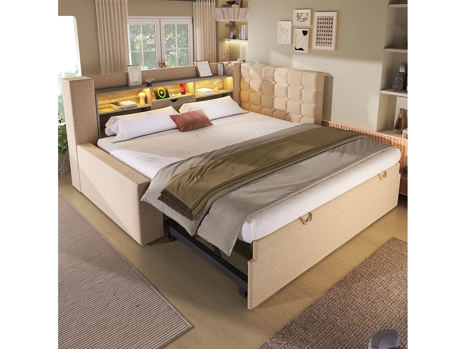 Lit rembourré 90 x 200 cm avec lit gigogne 90 x 190 cm - avec Leds + tête de lit de rangement - lin - beige