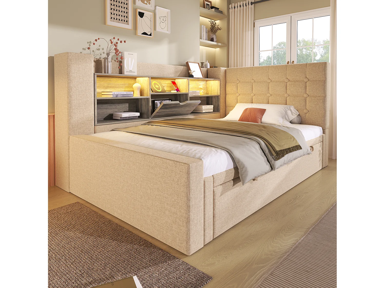 Lit rembourré 90 x 200 cm avec lit gigogne 90 x 190 cm - avec Leds + tête de lit de rangement - lin - beige