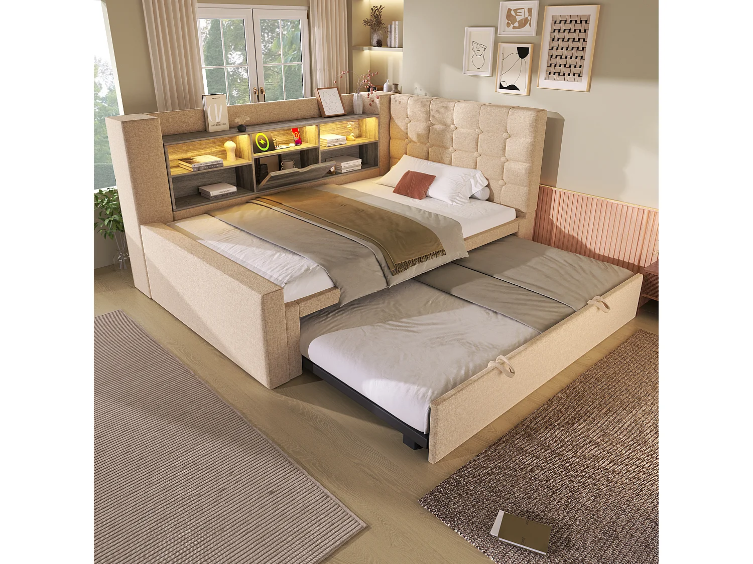 Lit rembourré 90 x 200 cm avec lit gigogne 90 x 190 cm - avec Leds + tête de lit de rangement - lin - beige