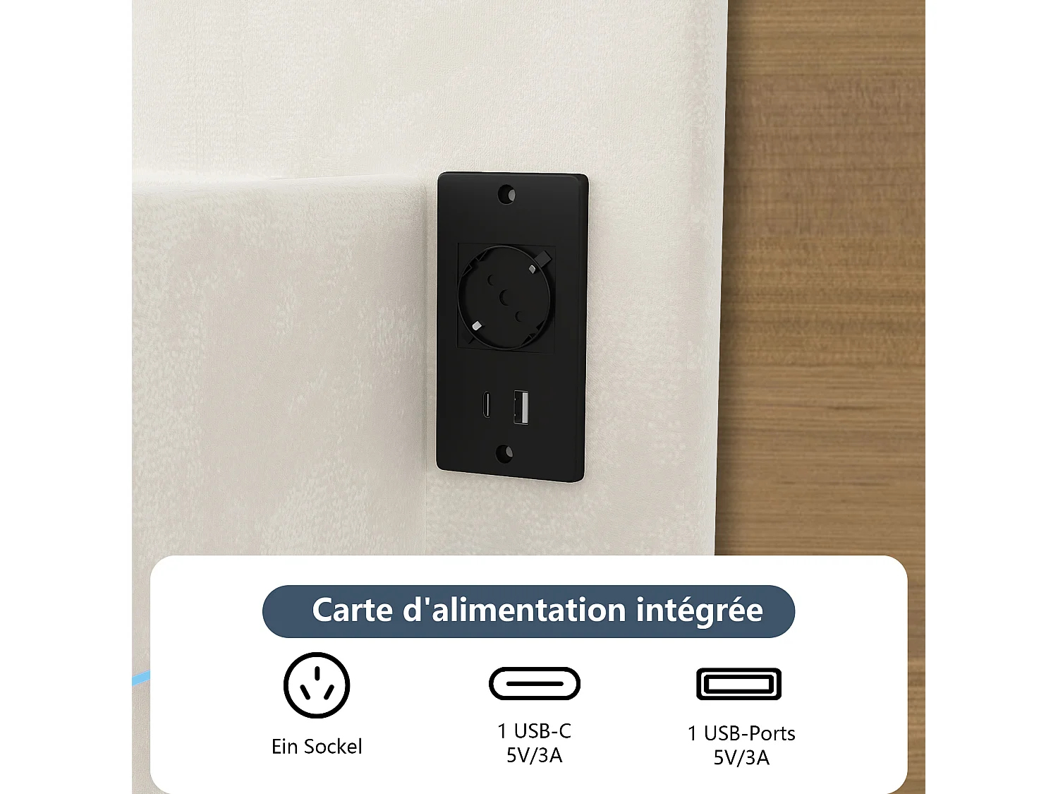 Lit double 140 x 190 cm - lit suspendu avec éclairage LED - tête de lit réglable et port USB - velours - blanc