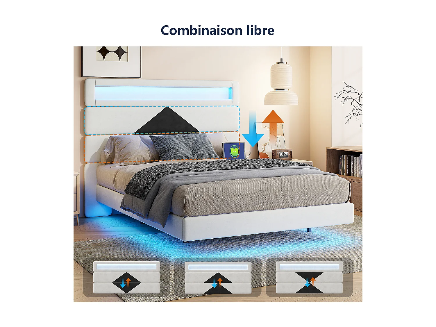 Lit double 140 x 190 cm - lit suspendu avec éclairage LED - tête de lit réglable et port USB - velours - blanc