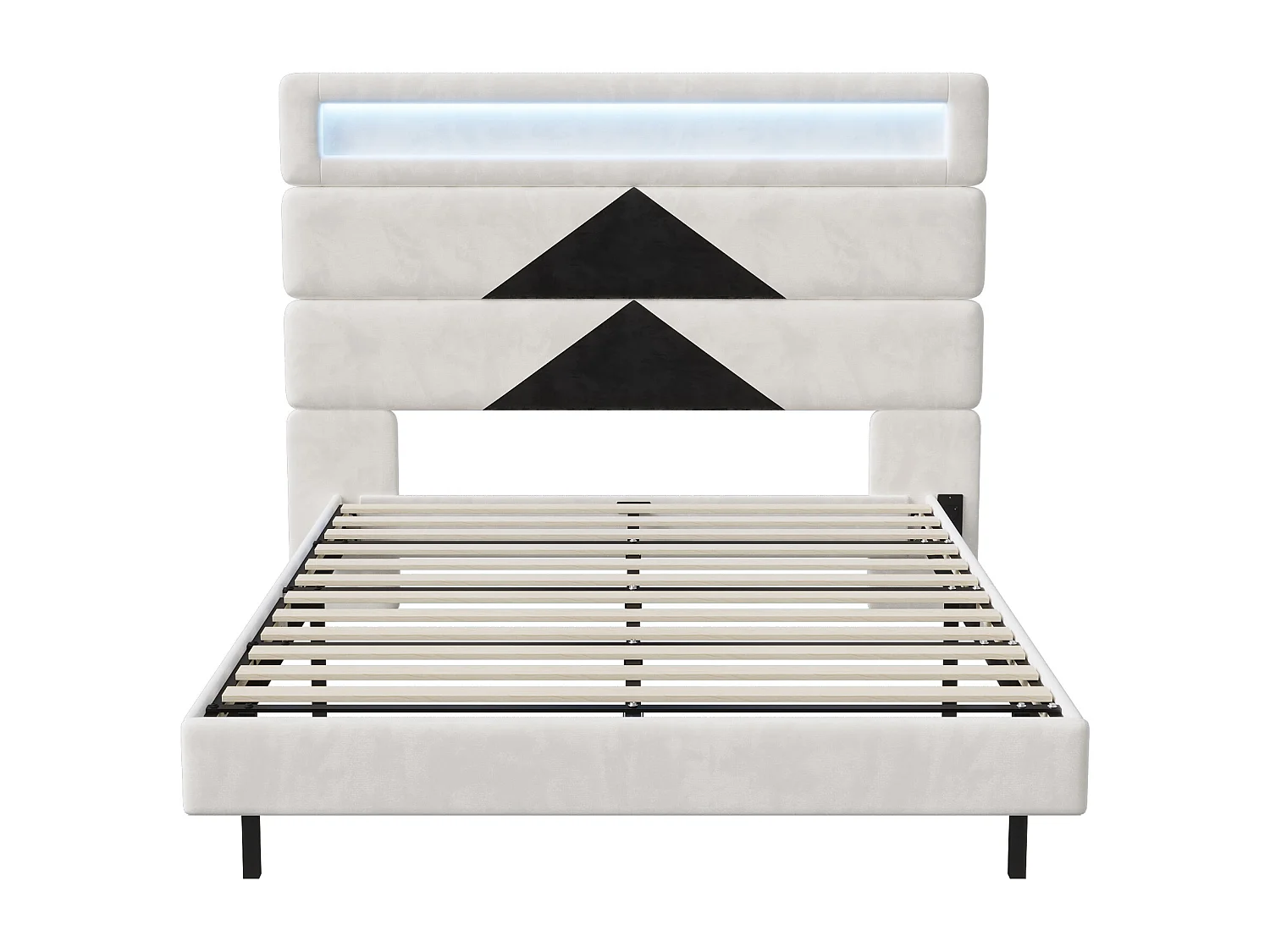 Lit double 140 x 190 cm - lit suspendu avec éclairage LED - tête de lit réglable et port USB - velours - blanc