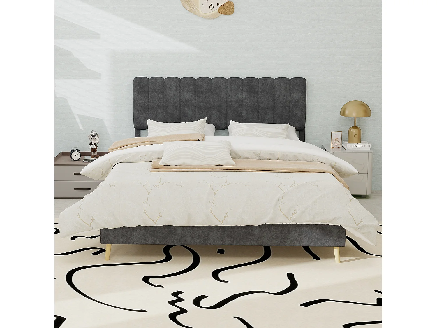 Lit rembourré 140x200cm avec tête de lit - Lit adulte en velours - Gris