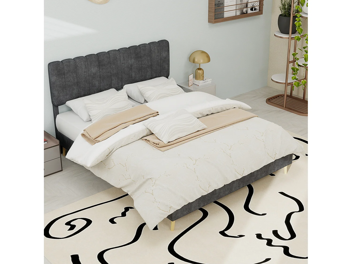 Lit rembourré 140x200cm avec tête de lit - Lit adulte en velours - Gris