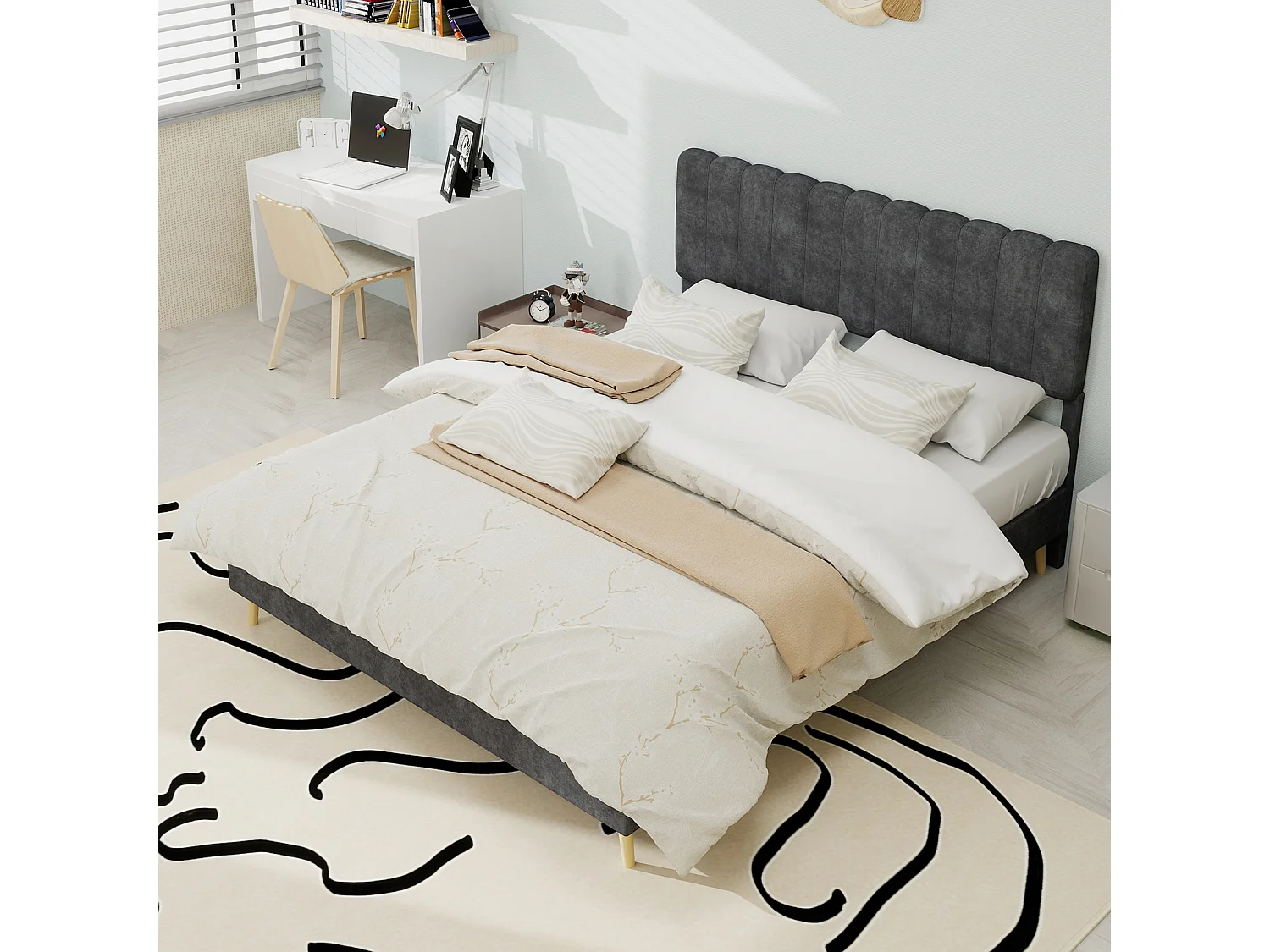 Lit rembourré 140x200cm avec tête de lit - Lit adulte en velours - Gris