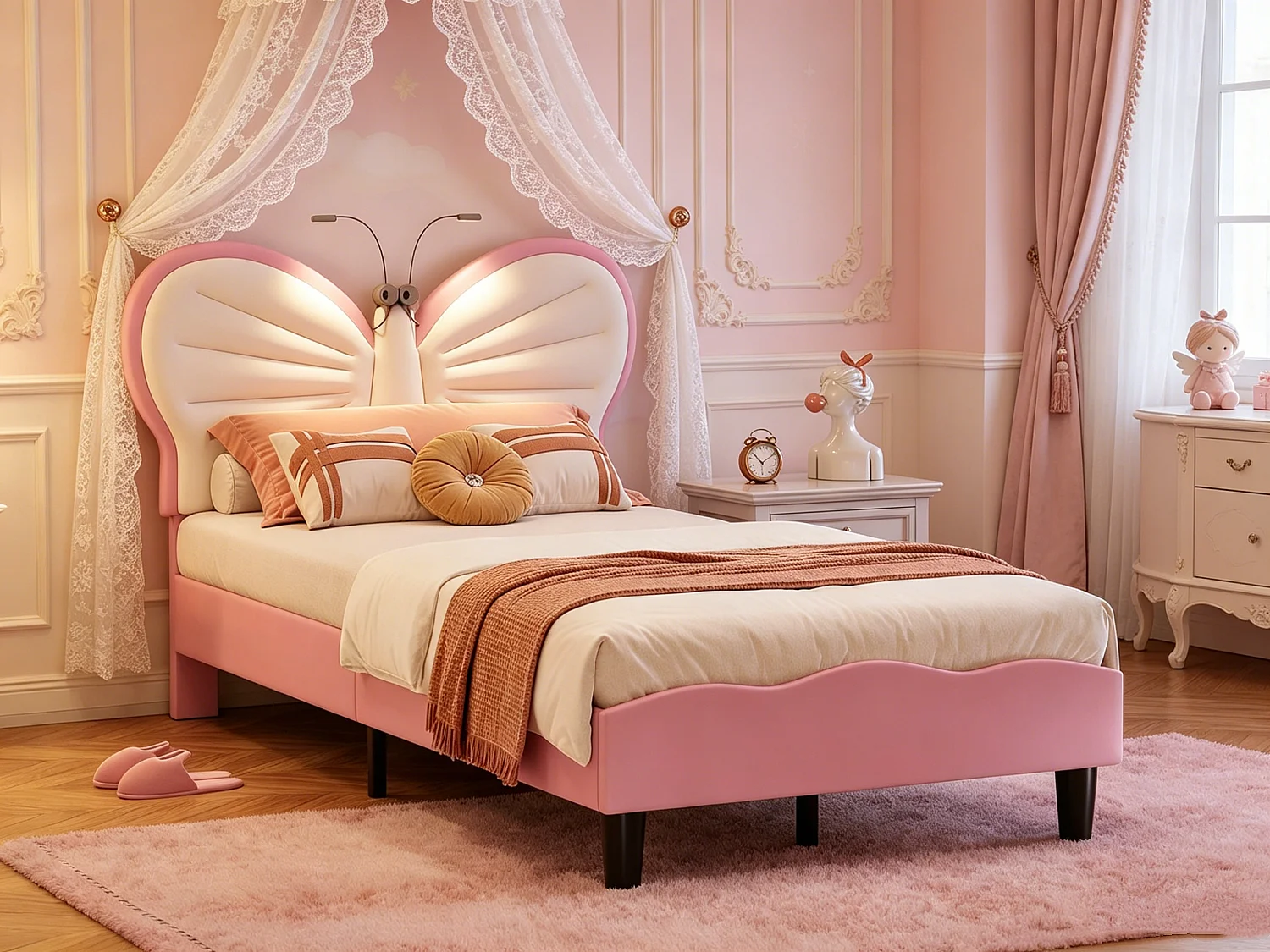 Cama de solteiro infantil 90x200cm com candeeiro de leitura - cabeceira borboleta ajustável - veludo - rosa