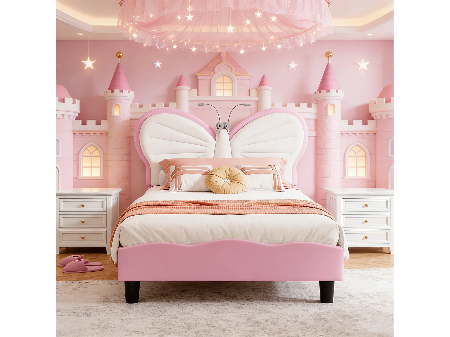 Cama de solteiro infantil 90x200cm com candeeiro de leitura - cabeceira borboleta ajustável - veludo - rosa