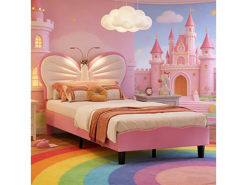 Cama de solteiro infantil 90x200cm com candeeiro de leitura - cabeceira borboleta ajustável - veludo - rosa