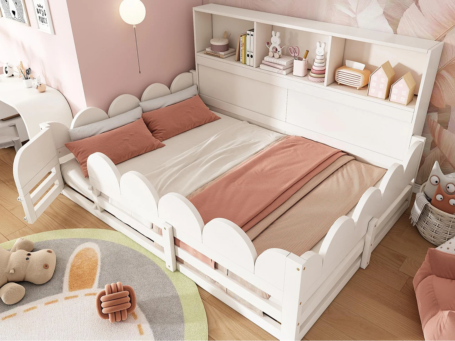 Lit enfant 140x200 cm - avec 1 porte et une rambarde de sécurité - avec compartiment de rangement - blanc