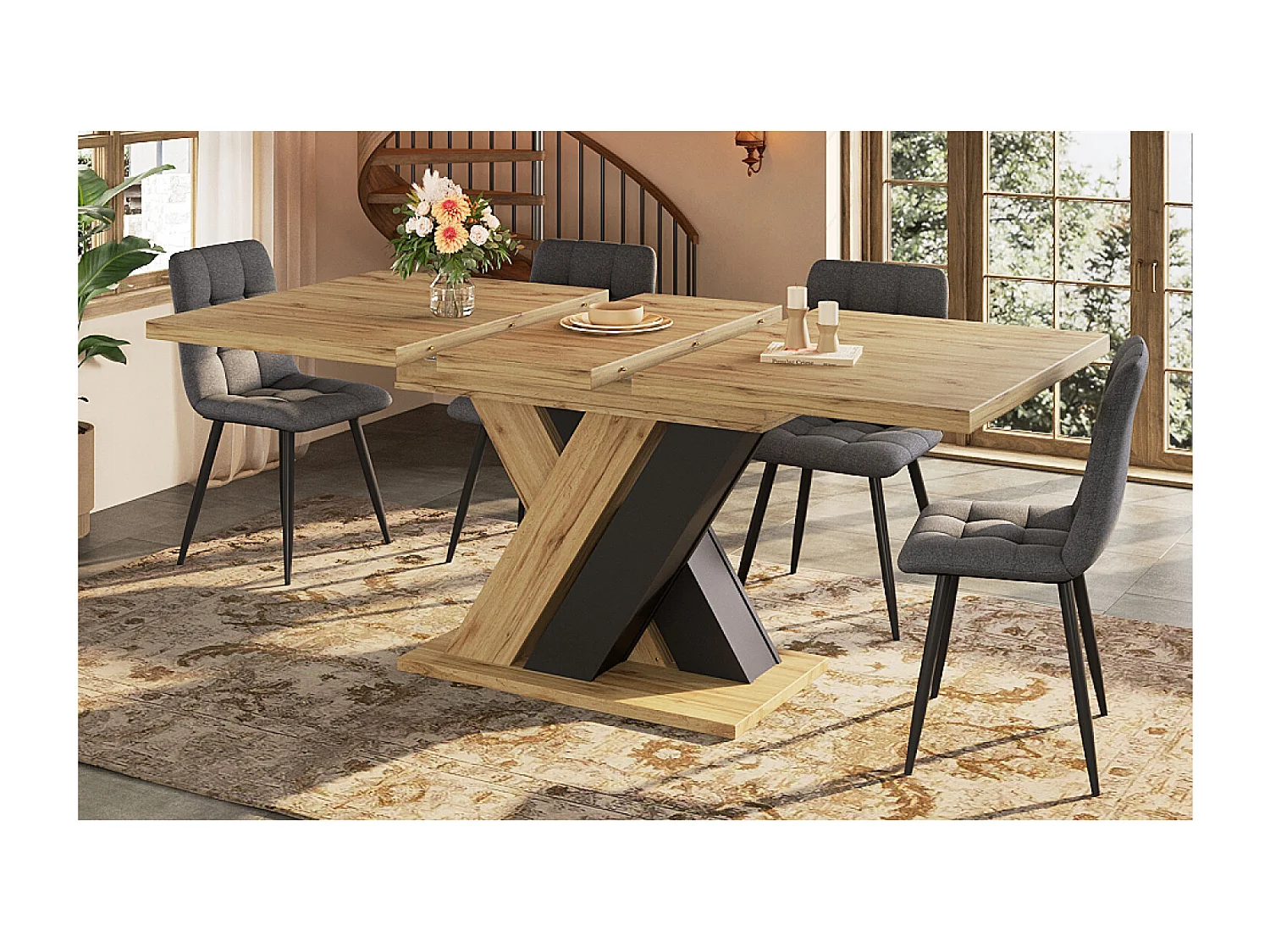 Table à manger extensible 119-158,5 x 80 cm - Pieds en forme de X - Couleur bois et noir