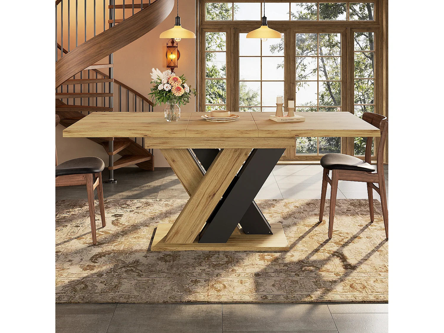 Table à manger extensible 119-158,5 x 80 cm - Pieds en forme de X - Couleur bois et noir