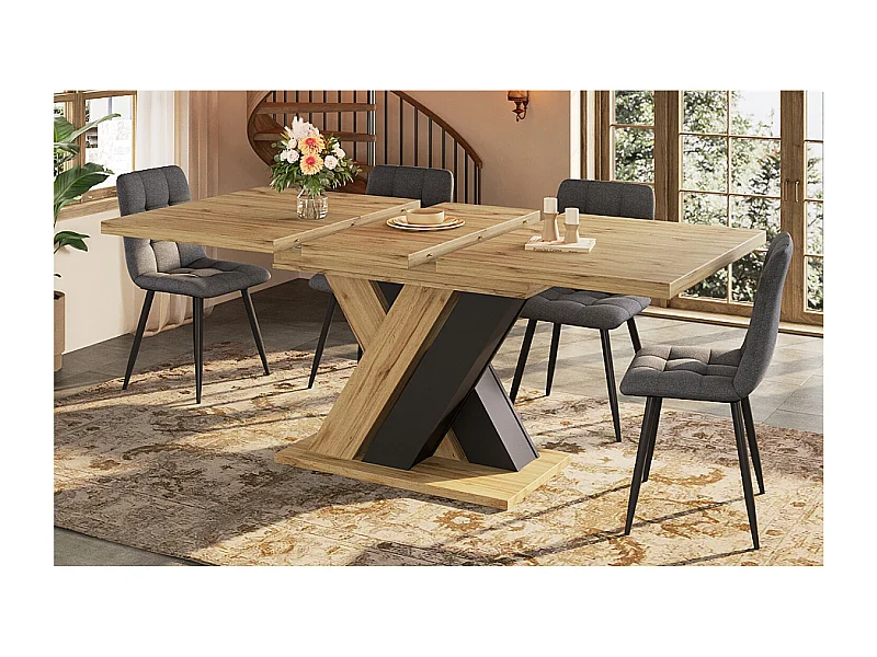 Table à manger extensible 119-158,5 x 80 cm - Pieds en forme de X - Couleur bois et noir