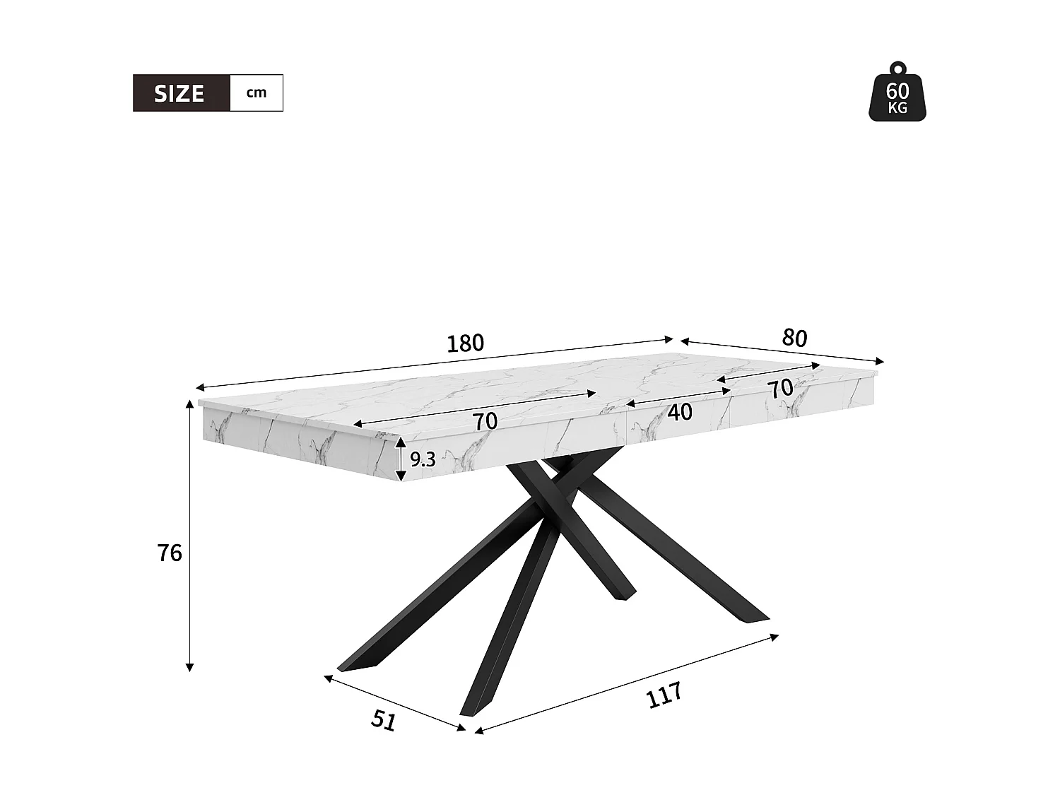 Table à manger rectangulaire extensible 140/180x80x76 cm - Pour 6 à 8 personnes - Plateau épais - Pieds en métal - Blanc