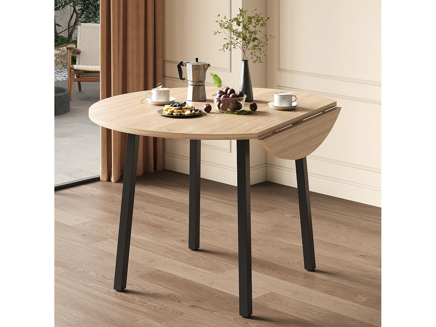 Table de salle à manger plateau pliante - 100 x 100 x 75 cm - pour 2 à 4 personnes -  pieds en métal - MDF - naturel clair