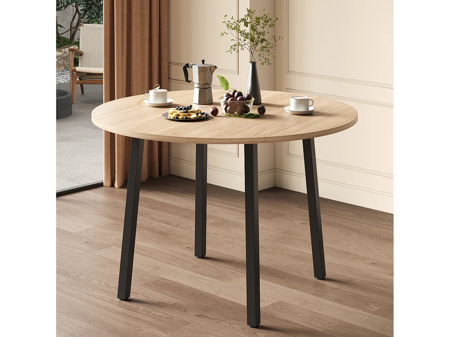 Table de salle à manger plateau pliante - 100 x 100 x 75 cm - pour 2 à 4 personnes -  pieds en métal - MDF - naturel clair