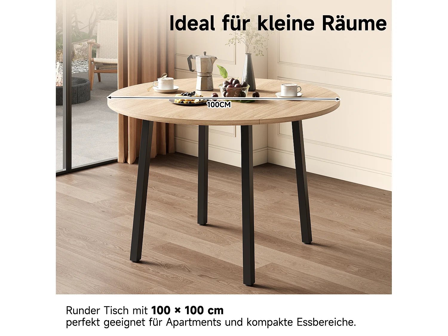 Table de salle à manger plateau pliante - 100 x 100 x 75 cm - pour 2 à 4 personnes -  pieds en métal - MDF - naturel clair