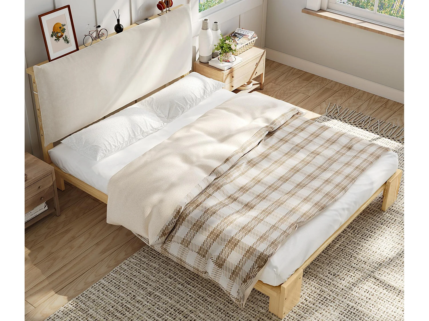 Lit simple 140x200cm - tête de lit rembourrée amovible - bois massif + éponge + contreplaqué - Naturel (matelas non inclus)