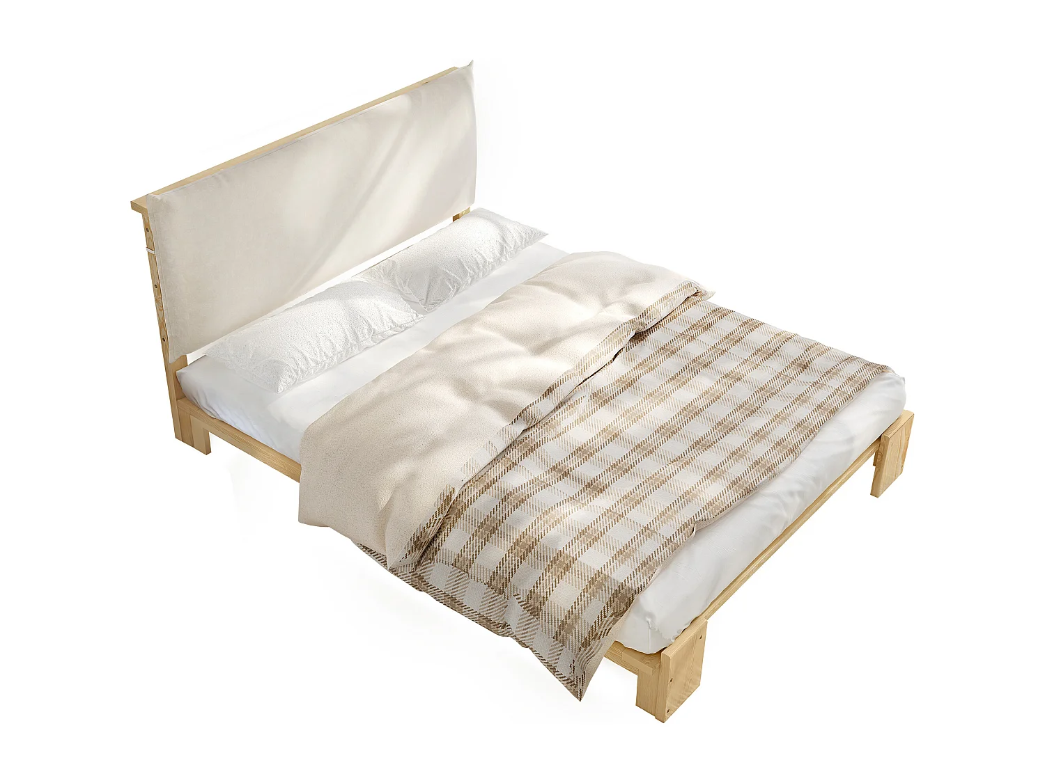 Lit simple 140x200cm - tête de lit rembourrée amovible - bois massif + éponge + contreplaqué - Naturel (matelas non inclus)