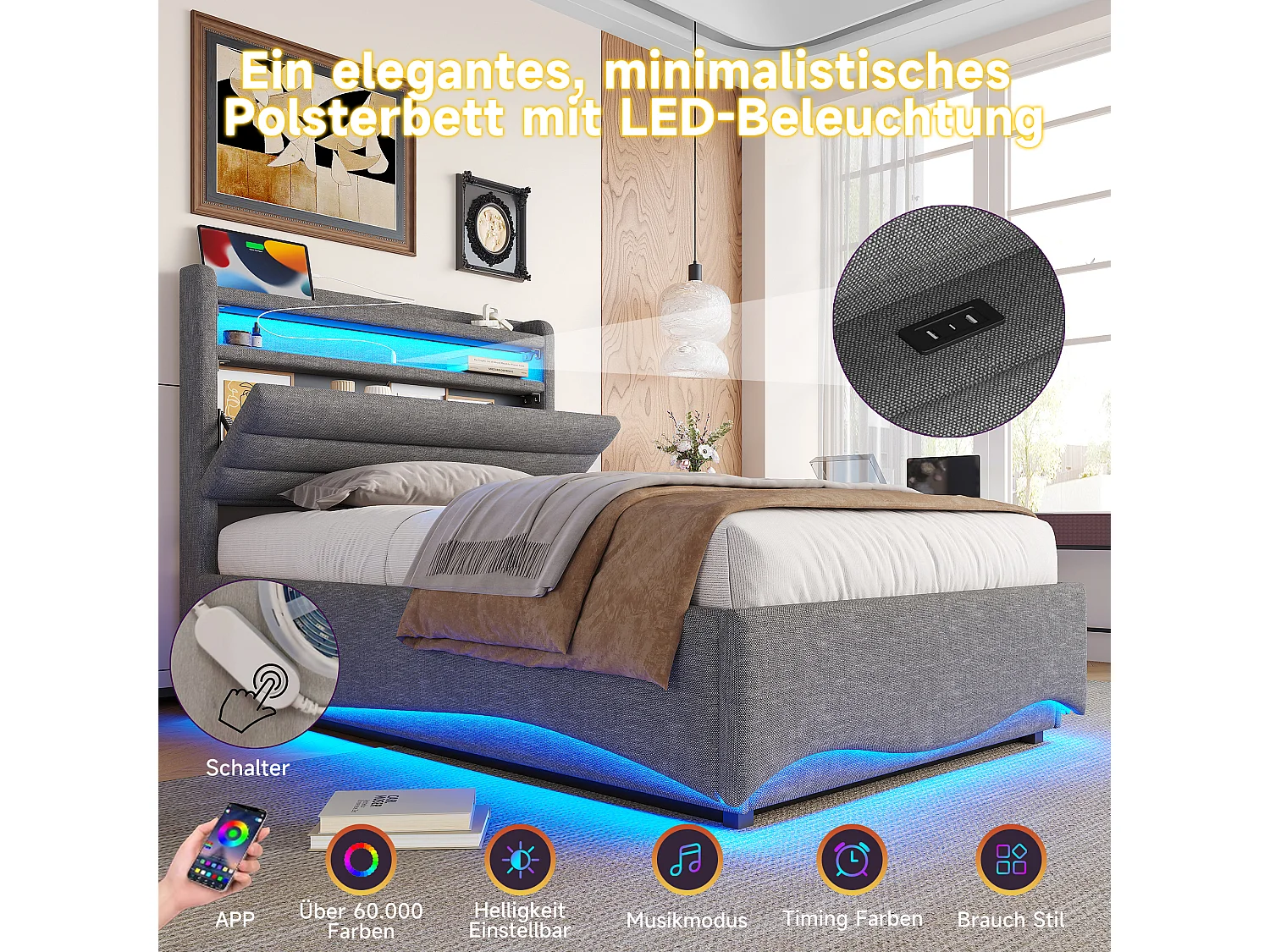 Lit coffre hydraulique pour enfant - 90 x 200 cm - avec Leds + USB + tête de lit de rangement - lin - gris