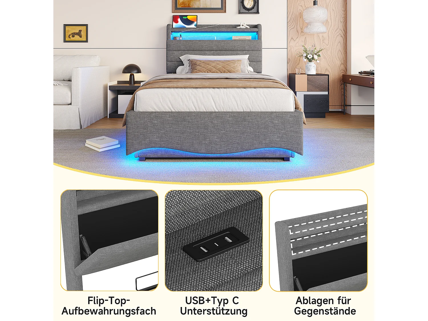 Lit coffre hydraulique pour enfant - 90 x 200 cm - avec Leds + USB + tête de lit de rangement - lin - gris