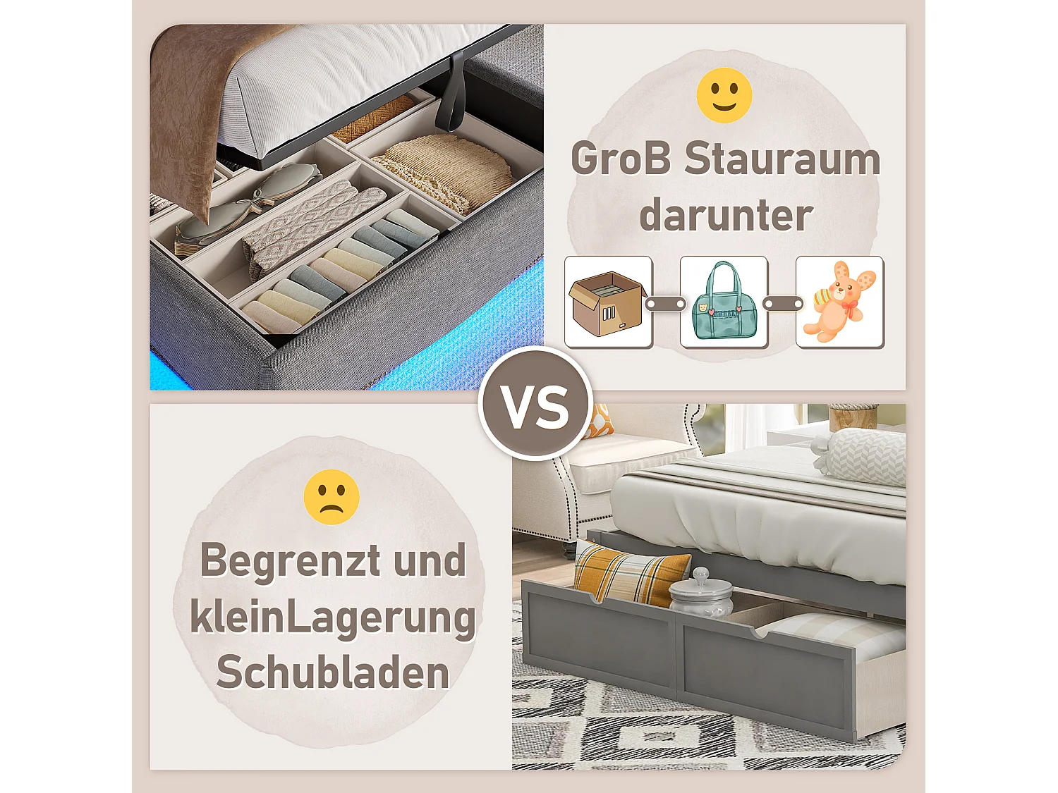 Lit coffre hydraulique pour enfant - 90 x 200 cm - avec Leds + USB + tête de lit de rangement - lin - gris