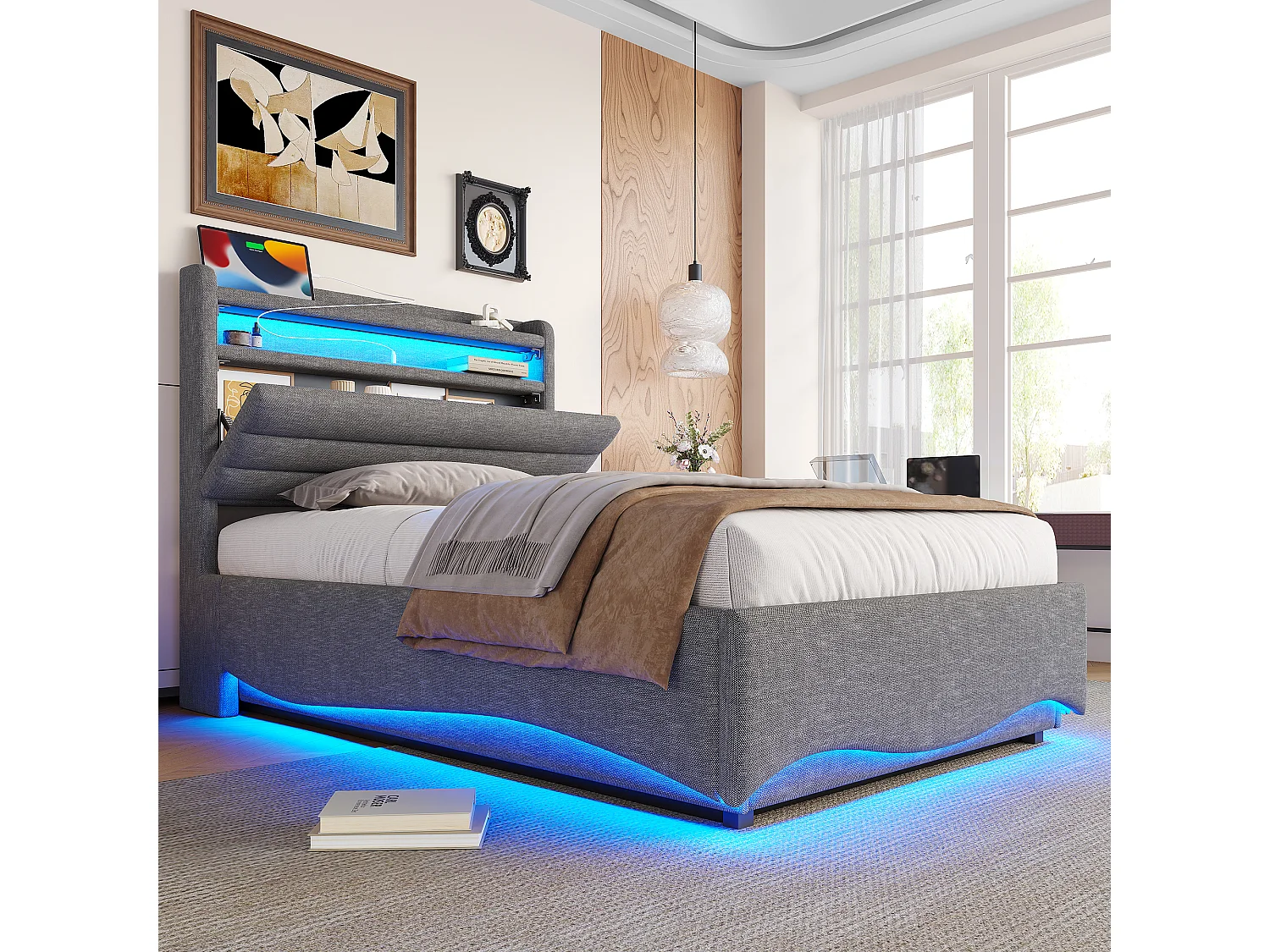 Lit coffre hydraulique pour enfant - 90 x 200 cm - avec Leds + USB + tête de lit de rangement - lin - gris