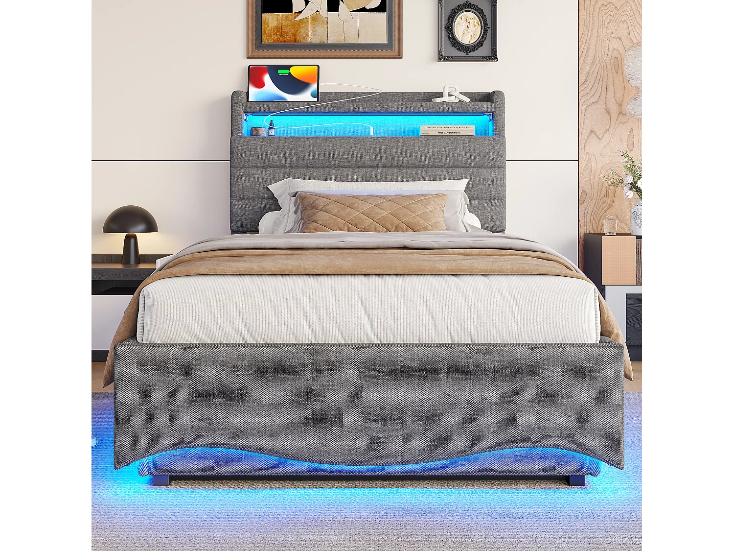 Lit coffre hydraulique pour enfant - 90 x 200 cm - avec Leds + USB + tête de lit de rangement - lin - gris