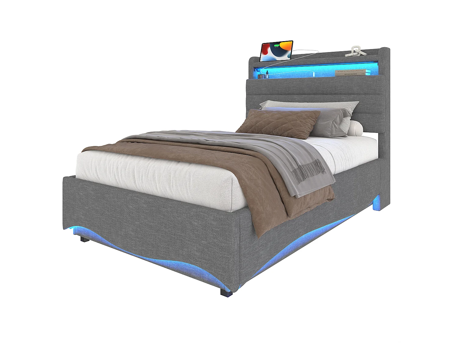 Lit coffre hydraulique pour enfant - 90 x 200 cm - avec Leds + USB + tête de lit de rangement - lin - gris