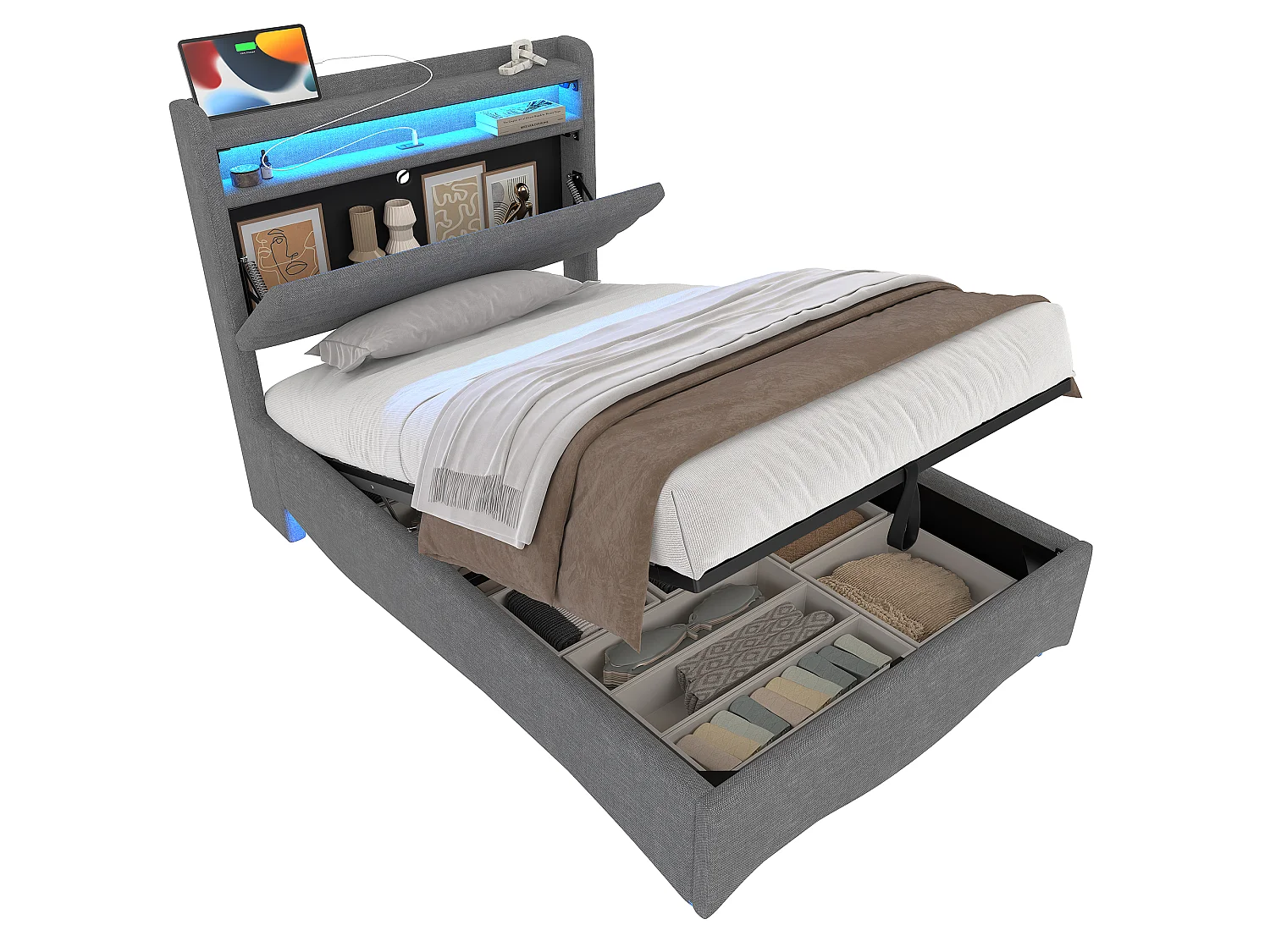 Lit coffre hydraulique pour enfant - 90 x 200 cm - avec Leds + USB + tête de lit de rangement - lin - gris