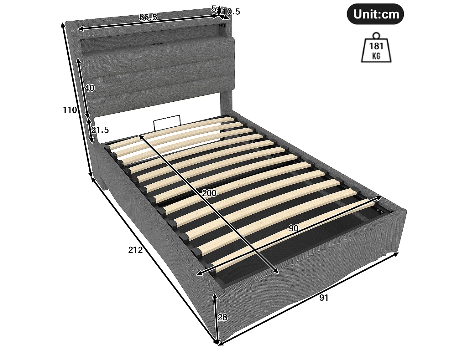 Lit coffre hydraulique pour enfant - 90 x 200 cm - avec Leds + USB + tête de lit de rangement - lin - gris
