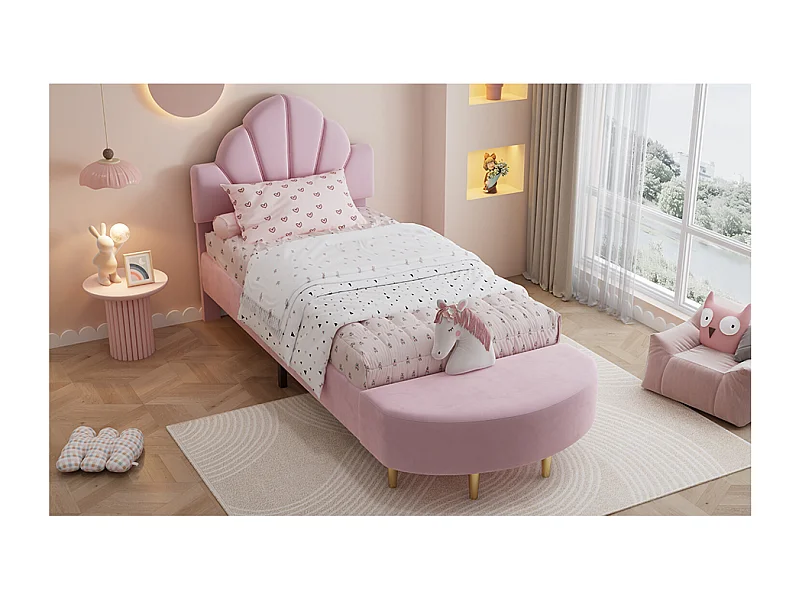 Lit enfant 90x200cm avec banc - Lit capitonné en velours - Rose