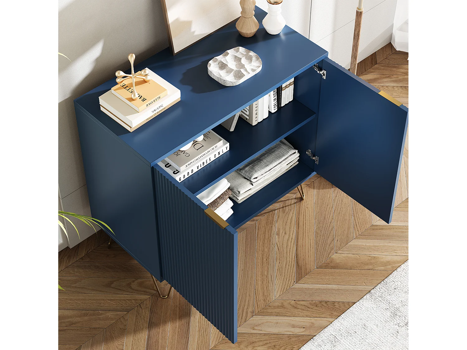 Commode à 2 tiroirs, poignées dorées, facile à monter, 80 x 40 x 78 cm, bleue