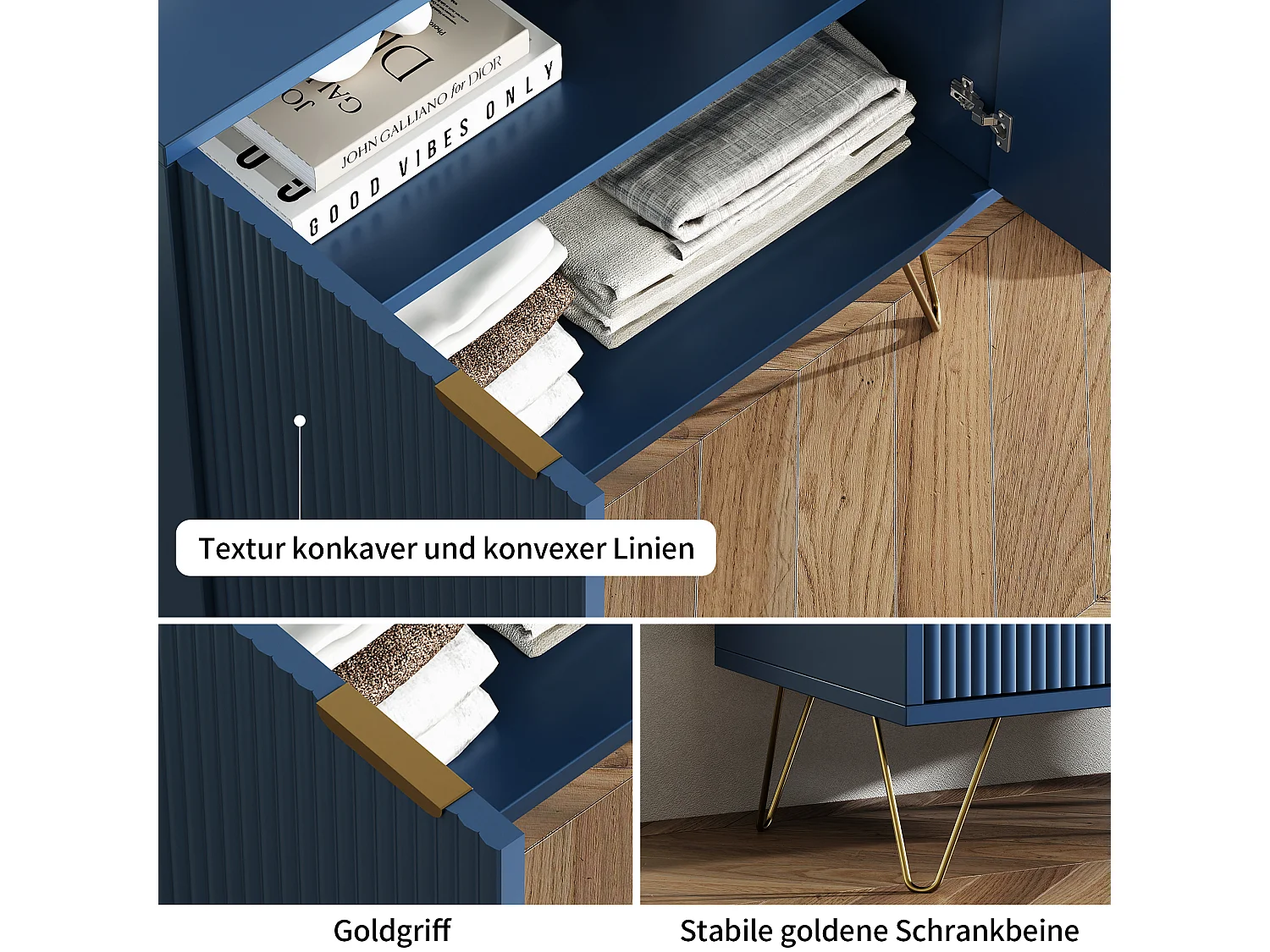 Commode à 2 tiroirs, poignées dorées, facile à monter, 80 x 40 x 78 cm, bleue