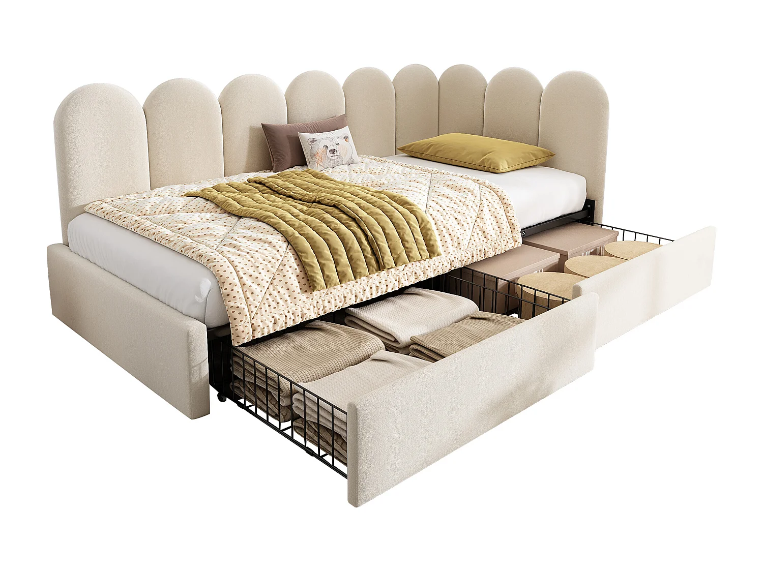 Letto panca 90x200 cm - con 2 cassetti - tessuto velluto - con rete a doghe - Beige​ (senza materasso)