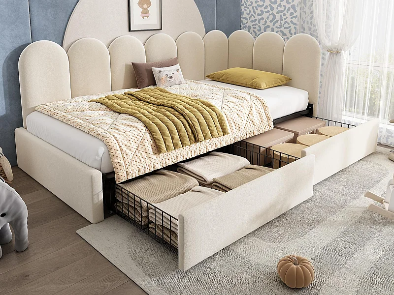 Cama banco 90x200 cm - con 2 cajones - tejido de terciopelo - con somier de láminas - Beige​ (sin colchón)