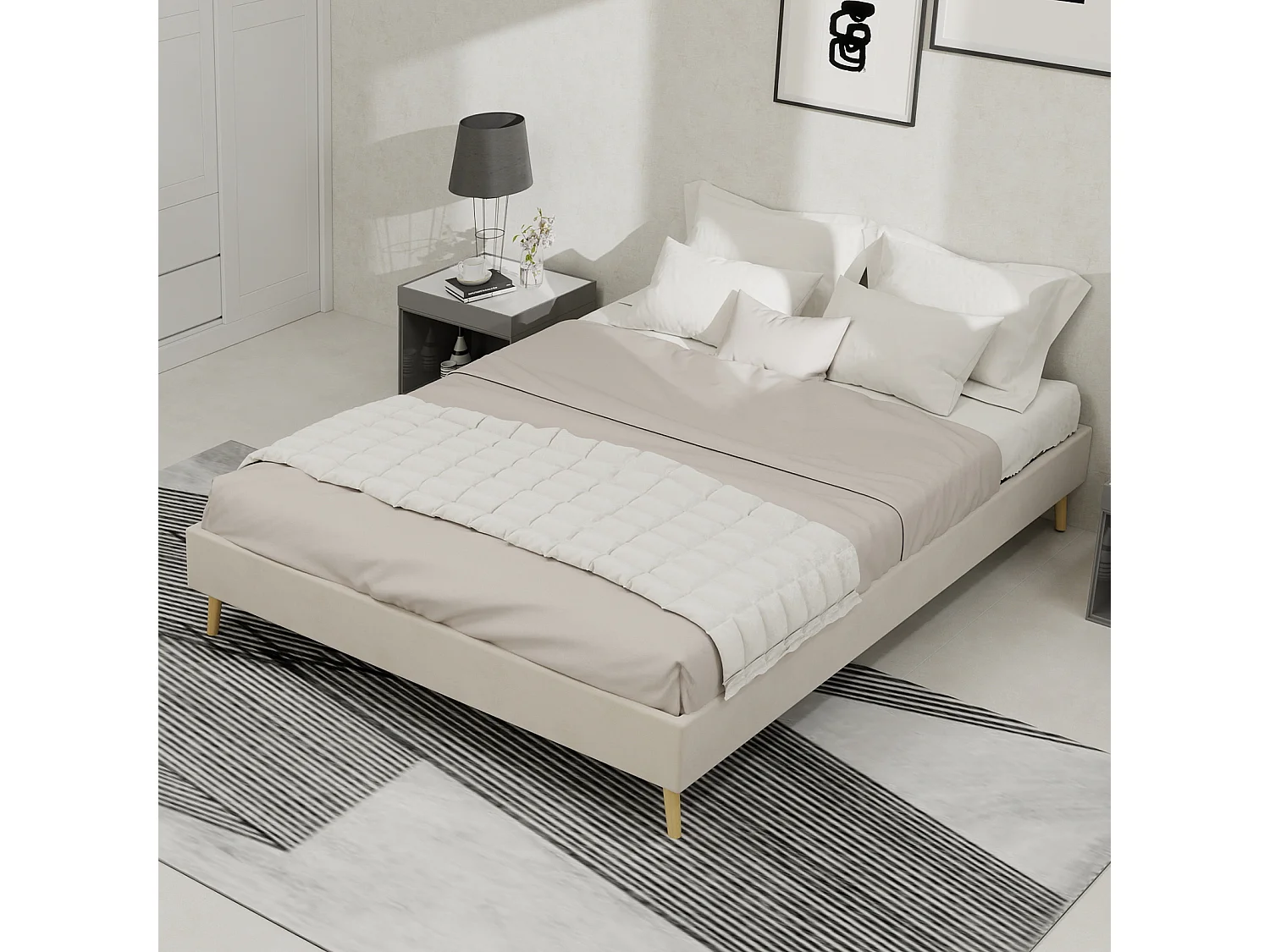 Cama de casal 140x200cm em veludo - Estrutura de cama minimalista - Bege