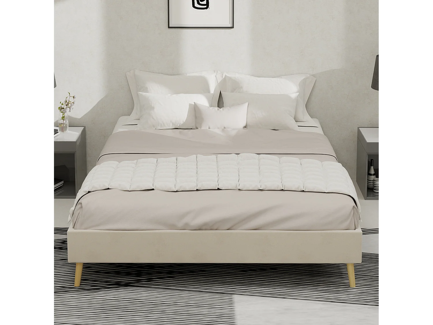 Cama de casal 140x200cm em veludo - Estrutura de cama minimalista - Bege