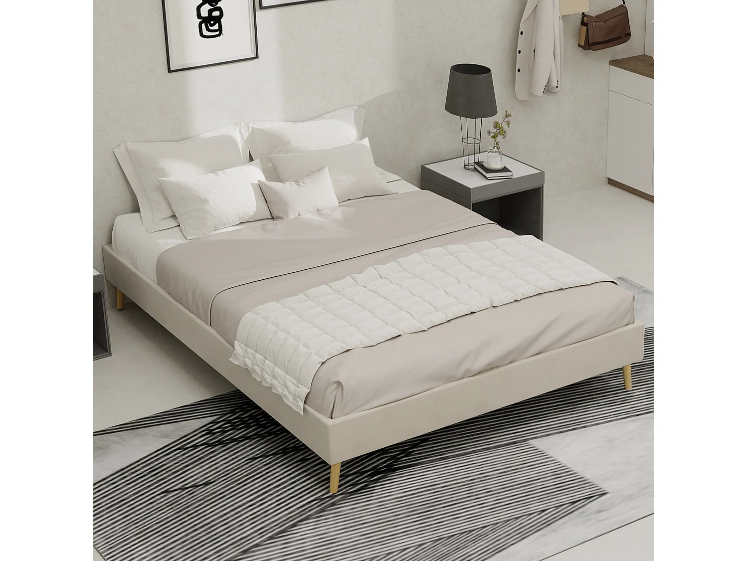 Cama de casal 140x200cm em veludo - Estrutura de cama minimalista - Bege