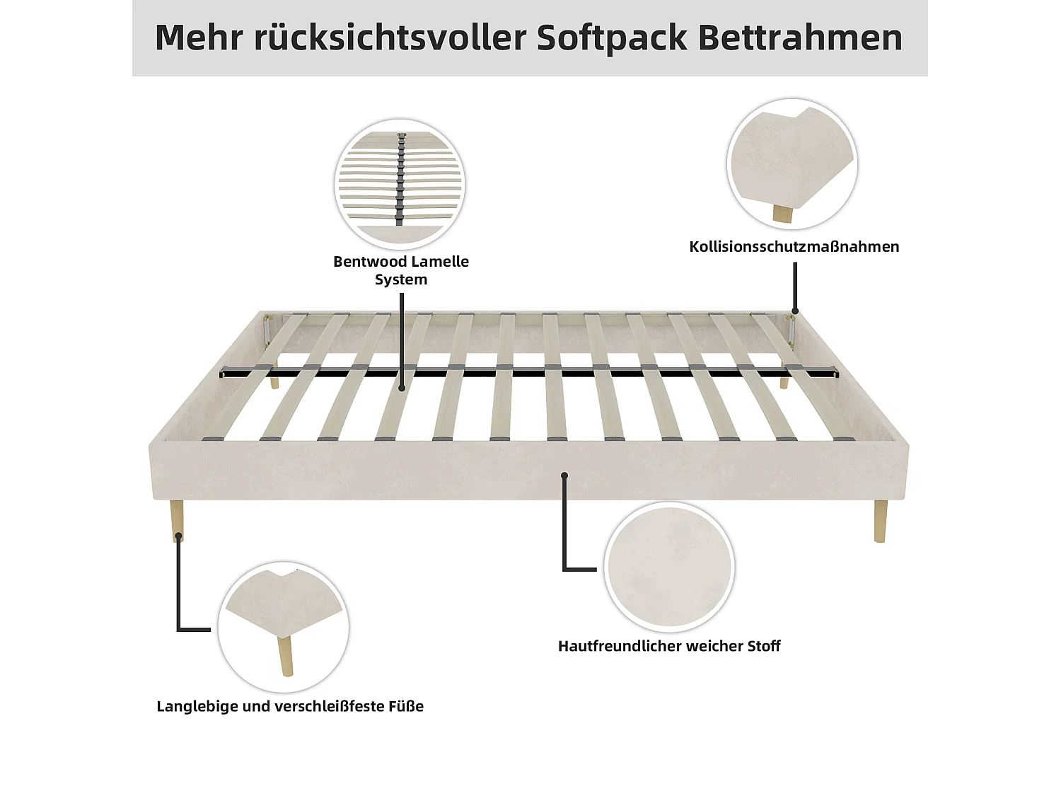 Cama de casal 140x200cm em veludo - Estrutura de cama minimalista - Bege