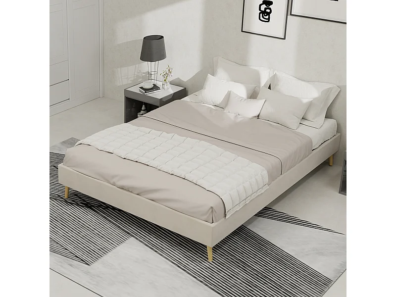 Cama de casal 140x200cm em veludo - Estrutura de cama minimalista - Bege