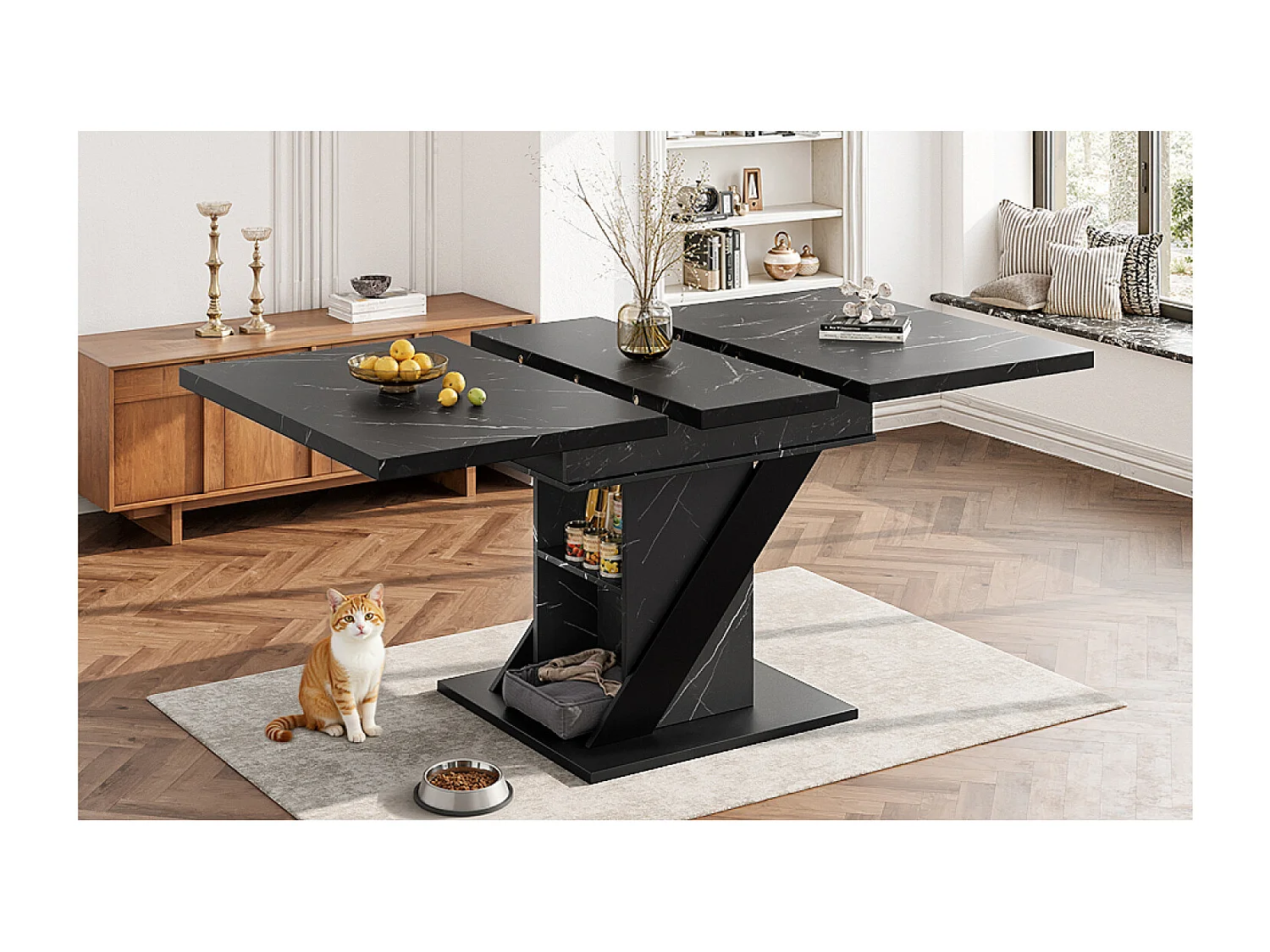 Table à manger extensible avec rangement - Effet marbre noir