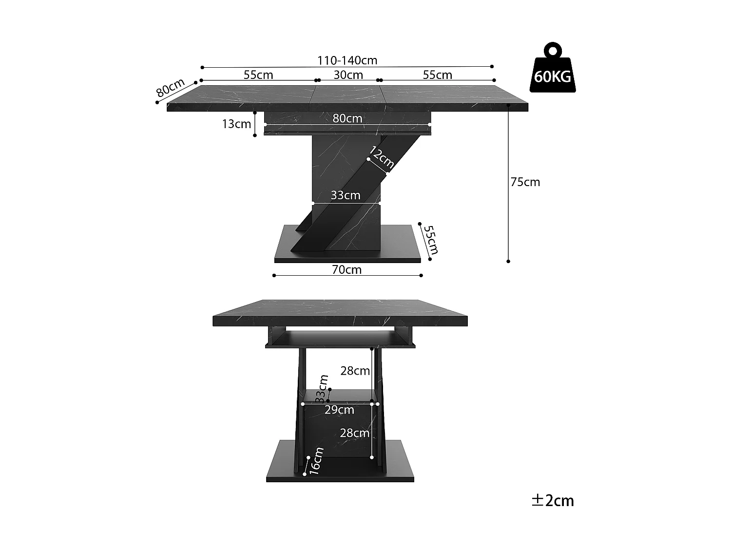 Table à manger extensible avec rangement - Effet marbre noir
