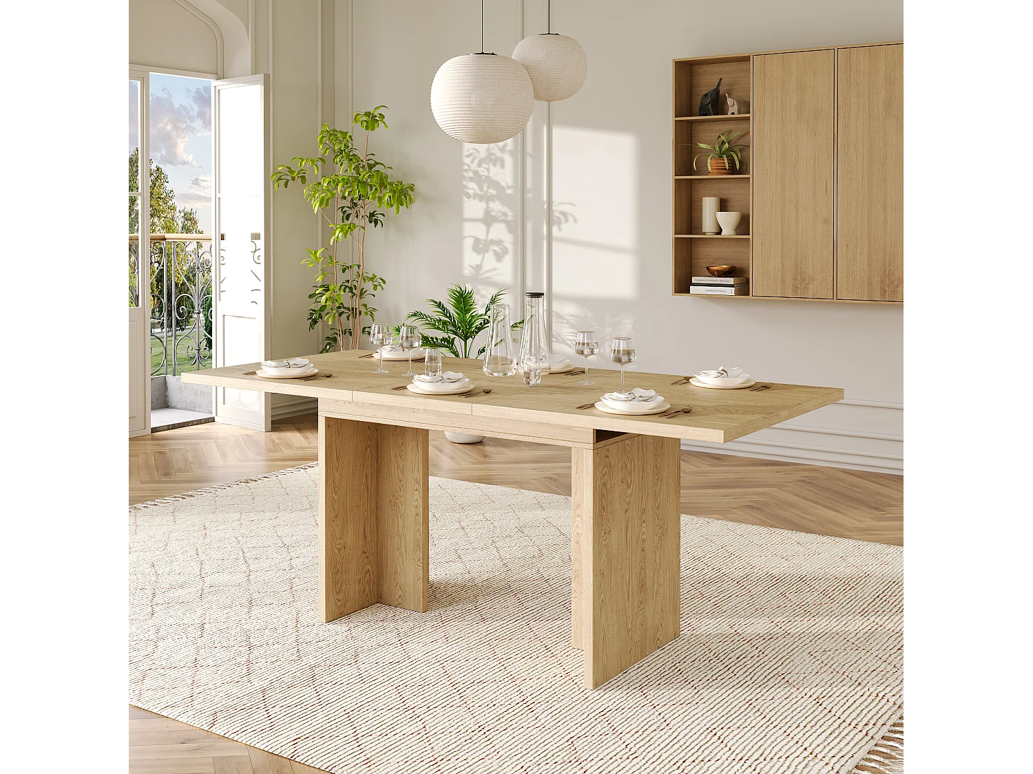 Table à manger rectangulaire extensible 140/180x80x75 cm - Pour 6 à 8 personnes - Plateau épais - Style minimaliste - Naturel