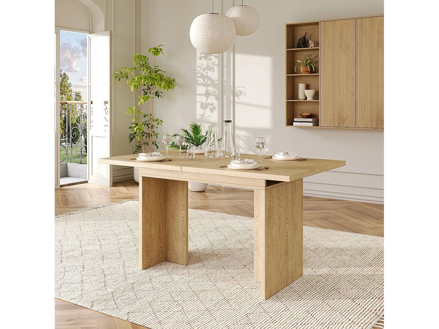 Table à manger rectangulaire extensible 140/180x80x75 cm - Pour 6 à 8 personnes - Plateau épais - Style minimaliste - Naturel