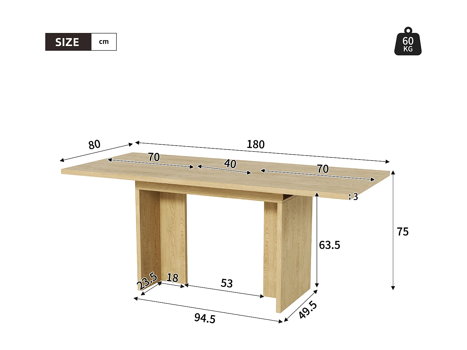 Table à manger rectangulaire extensible 140/180x80x75 cm - Pour 6 à 8 personnes - Plateau épais - Style minimaliste - Naturel